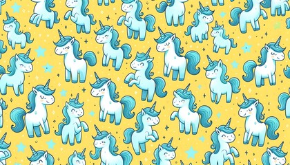 Whimsical Blue Unicorn Pattern on a yellow background