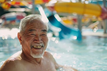 Fototapeta premium A high-spirited senior Asian man experiencing the joy of a refreshing swim at a vibrant water park pool