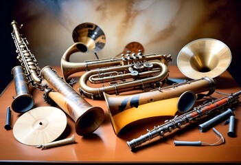 Obraz premium world music day with a lof of music instruments including guittar piano and other remarkable instruments are holding on a table with transparent and attractive view