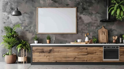 Modern kitchen interior with blank poster on wall, wooden furniture, and indoor plants, on a gray background, concept of home decoration. 3D Rendering 