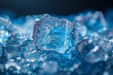 This image captures the intricate details and clarity of ice blocks surrounded by small droplets, highlighting their texture and translucence - Powered by Adobe