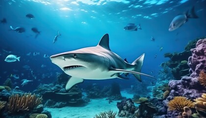 Naklejka premium The great White Shark in the ocean, portrait of White shark hunting prey in the underwater