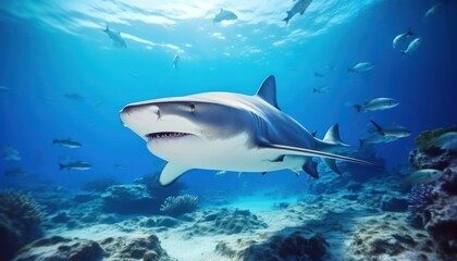 Obraz premium The great White Shark in the ocean, portrait of White shark hunting prey in the underwater