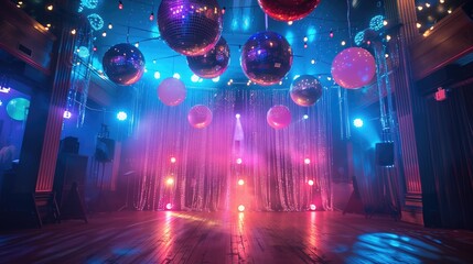 The venue is adorned with balloons and disco balls creating a nostalgic atmosphere of an adult theme