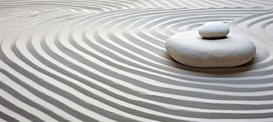 Tranquil zen rock garden with intricate circular patterns in white sand, top view