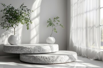 Minimalist interior design of a white room with round stone table and a potted plant casting shadows