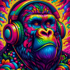 Digital art vibrant colorful cool gorilla wearing headphones vibin to music