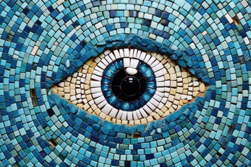 Abstract eye mosaic made of blue tiles and looking at camera. Close up of human eye staring at camera made by blue floor tiles. Artistic concept for vision and perception. Curious, observe. AIG35.