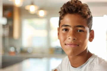 Portrait of a teenage boy with curly hair in a soft focused interior setting