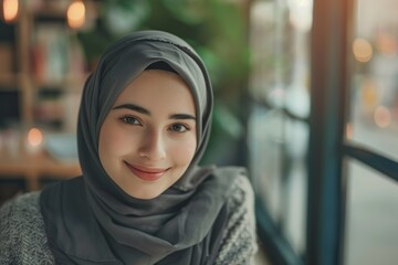 A girl in a hijab offers a warm smile with a cozy coffee shop ambiance behind her