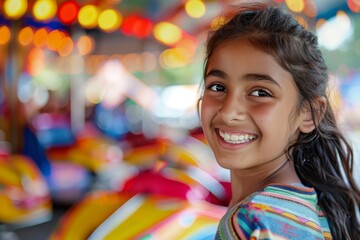 Obraz premium Young girl with a delightful smile in front of fairground rides with evening lights