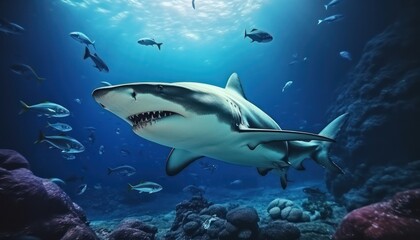 Fototapeta premium The great White Shark in the ocean, portrait of White shark hunting prey in the underwater