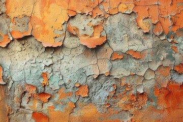 This vibrant image captures the textures and patterns of peeling paint on an old, crumbling wall
