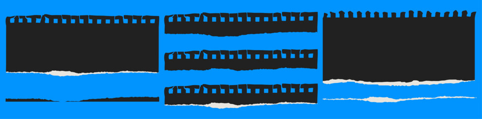Obraz premium A set of different pieces ripped notebook sheets. Torn black paper pieces on a blue background. 