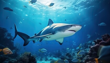 The great White Shark in the ocean, portrait of White shark hunting prey in the underwater