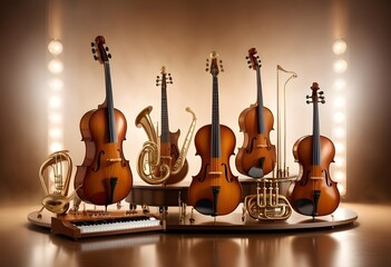 world music day with a lof of music instruments including guittar piano and other remarkable instruments are holding on a table with transparent and attractive view