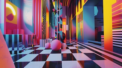 Lose yourself in the labyrinth of virtual possibilities, surrounded by vibrant geometric shapes