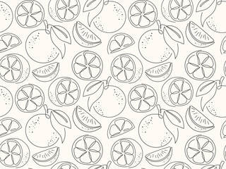 Citrus slice outline seamless pattern. Black and white background. Sketch fresh tropical fruit illustration. Ornament for packaging, cover, wallpaper