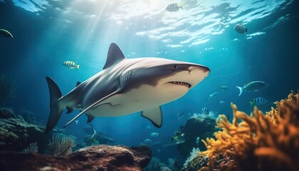 Fototapeta premium The great White Shark in the ocean, portrait of White shark hunting prey in the underwater