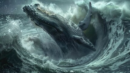 a close up off a huge whale breaching in the middle of a huge vortex wave of ocean