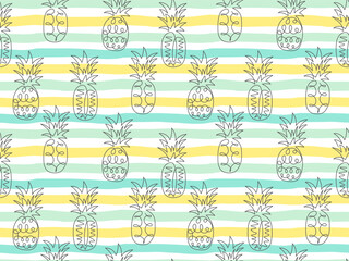 Doodle black outline pineapple on a colored striped background. Seamless tropical pattern. Exotic summer holiday ornament for wallpaper, packaging, fabric