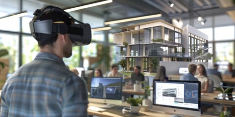 Skilled architect wearing visual reality glasses by using VR goggles to connect and design building while working at modern art studio. Professional civil engineer planning strategy with cloth. AIG42.