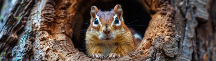 An adorable and affectionate chipmunk nestled in a hollow tree