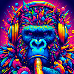 Digital art vibrant colorful cool gorilla wearing headphones vibin to music