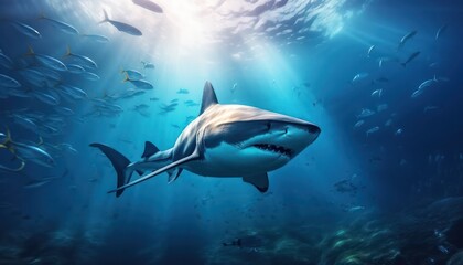 Fototapeta premium The great White Shark in the ocean, portrait of White shark hunting prey in the underwater