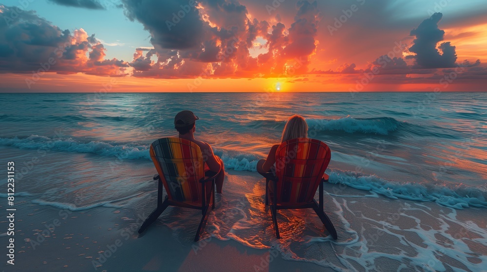 Wall mural Serene beach scene during sunset with couple in chairs