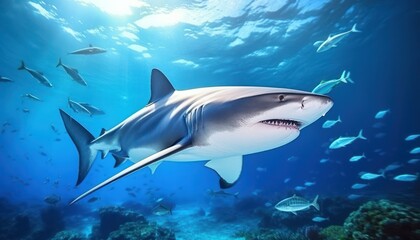 Naklejka premium The great White Shark in the ocean, portrait of White shark hunting prey in the underwater