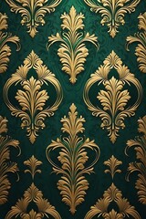 A luxurious vertical background with a duotone effect of deep emerald green and gold, featuring a subtle damask pattern.