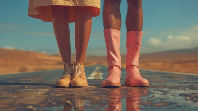 Two people wearing colorful boots on a road - Powered by Adobe
