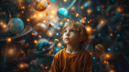 Young child surrounded by floating planets
