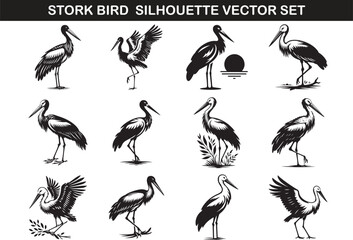 Stork Bird Silhouette Vector Illustration Set