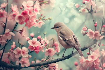 Natural Bird branch flower color. Small nature animal. Generate Ai