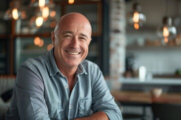 Fototapeta premium A bald man with a captivating smile sits comfortably in a restaurant, with an inviting ambiance