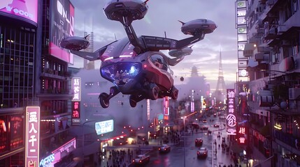 Render a bustling futuristic metropolis with flying cars zipping through neon-lit streets