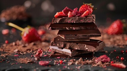 A tempting display of dark and milk chocolate stacked high with dried strawberry and a hint of pink...