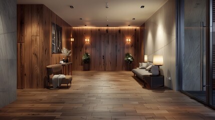 Step into a contemporary wooden hallway adorned with stylish furniture, inviting you to unwind in comfort. HD realism captures the inviting ambiance, perfect for modern living.