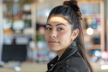 Fototapeta premium Close-up portrait of a thoughtful young woman in a modern co-working space environment