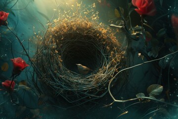 Enchanting Bird nest forest digital art. Leaf spring. Generate Ai