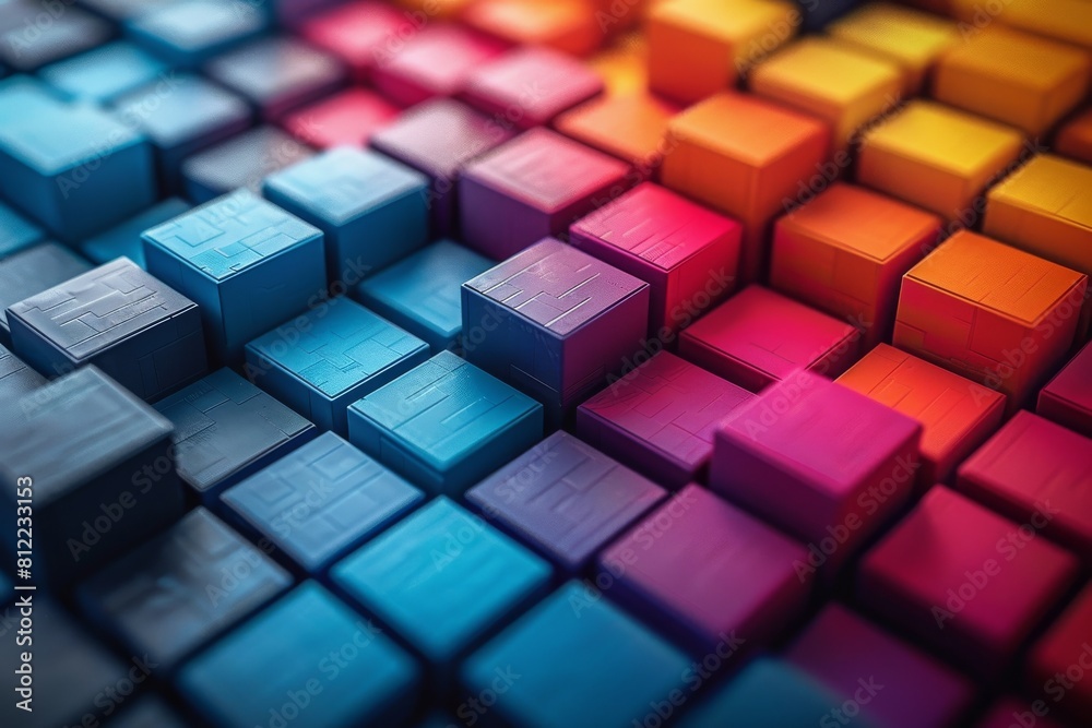 Poster a close-up of an array of multicolored geometric cubes creating an engaging and dynamic pattern