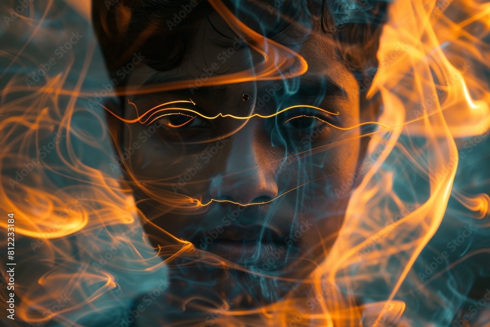 Aufkleber a creative portrait of a man with an intense gaze enhanced by captivating orange flame-like digital 