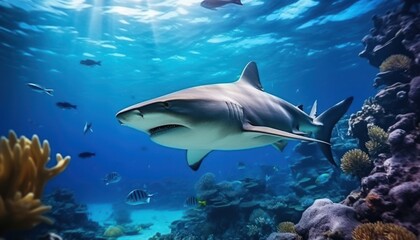 Fototapeta premium The great White Shark in the ocean, portrait of White shark hunting prey in the underwater