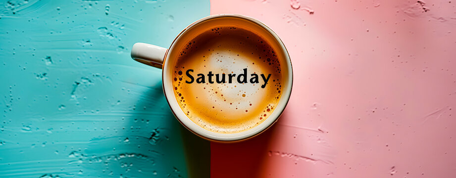 Top view of a coffee mug with the word Saturday on two color background