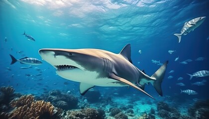 Fototapeta premium The great White Shark in the ocean, portrait of White shark hunting prey in the underwater