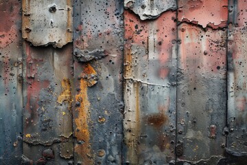 Close-up of a corroded metal surface with layers of old paint peeling, creating a grunge texture