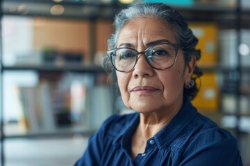Obraz premium A pensive elderly woman with glasses looking contemplative in a modern office or library environment