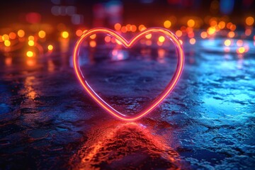 A captivating neon heart glowing amidst reflections on a wet surface portrays warmth and romantic ambience